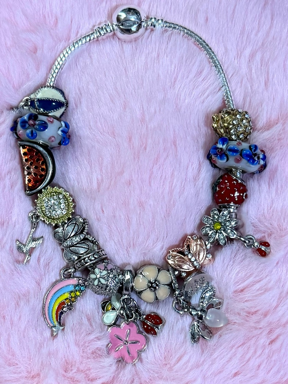 Spring Summer Hawaiian Flower Lady Bug European Charm Bracelet- Not Pandora